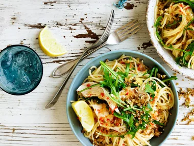 Spicy chicken pasta with dukkah crumbs
