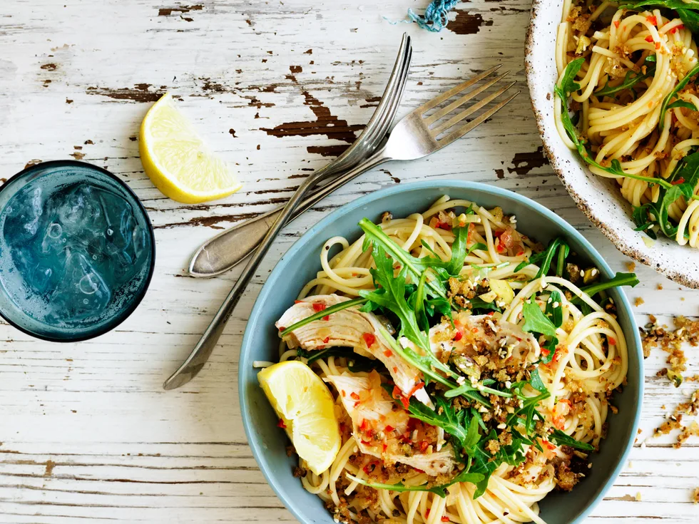 Spicy chicken pasta with dukkah crumbs