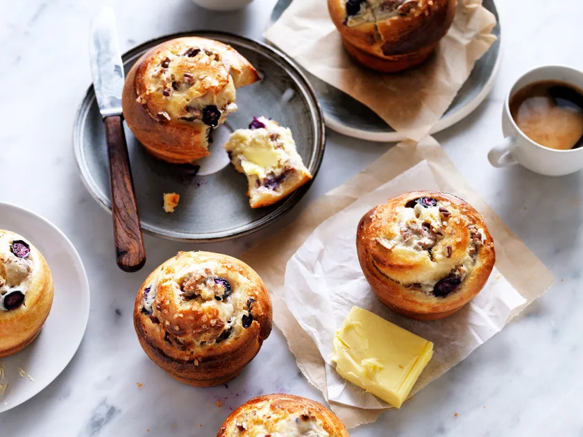 Rolled blueberry pecan brioche