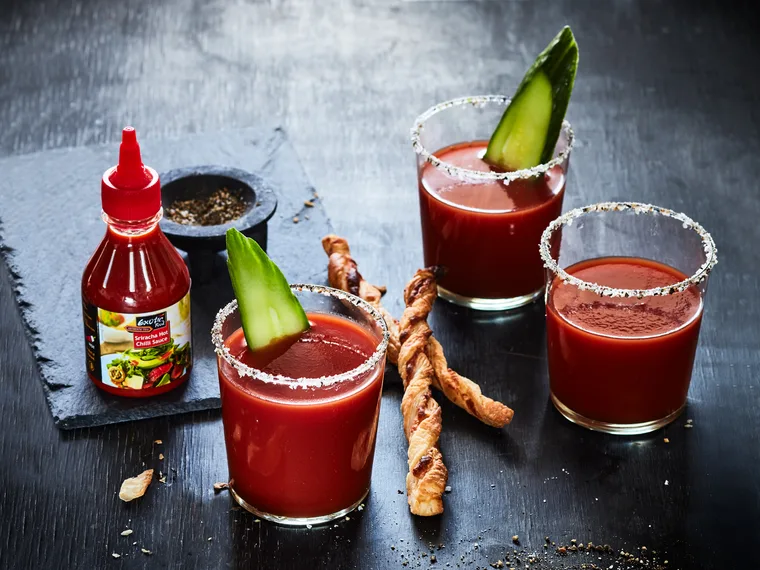 Dirty Bloody Mary with sriracha cheese dippers