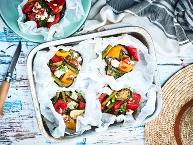 Vege parcels with sundried tomato pesto and feta
