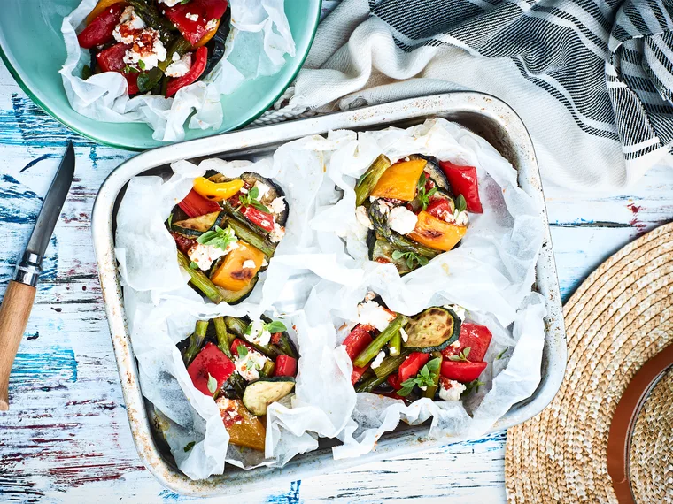 Vege parcels with sundried tomato pesto and feta
