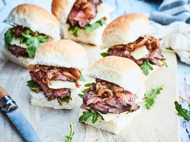 Rare-beef sliders with caramel onions