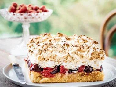 Raspberry and plum meringue torte