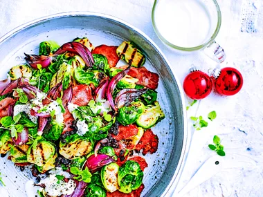Grilled Brussels sprout salad with creamy dressing