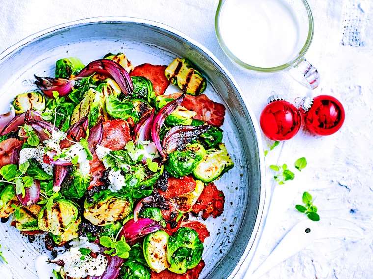 Grilled Brussels sprout salad with creamy dressing