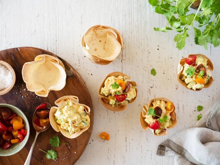 Crunchy chicken salad in crisp tortilla bowls