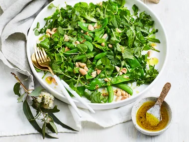 Pea, mint and roasted almond salad