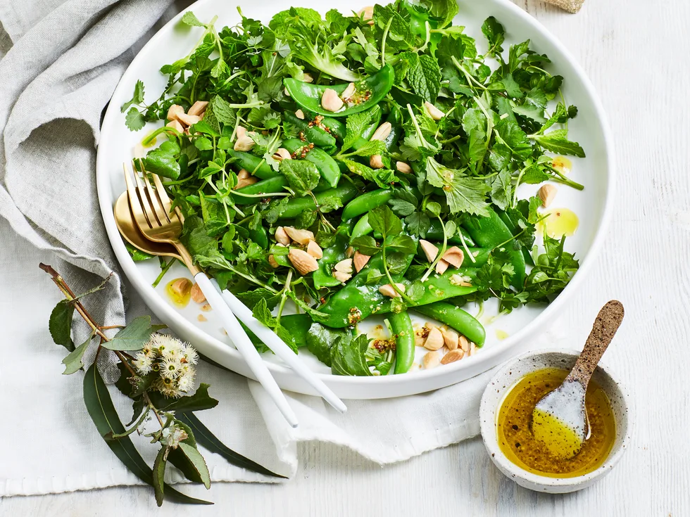 Pea, mint and roasted almond salad