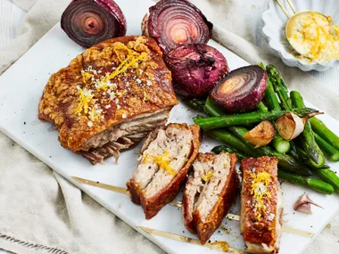 Citrus pork belly with asparagus