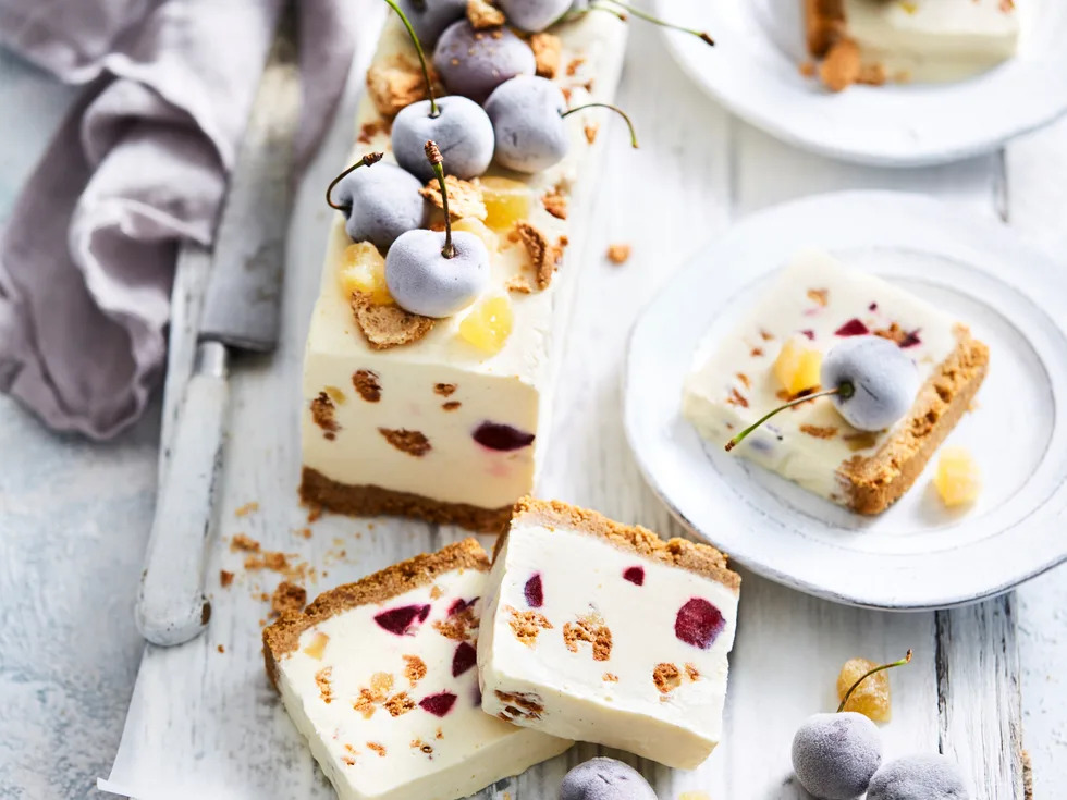 Cherry and amaretti white Christmas log