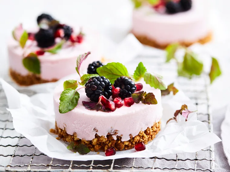 Pomegranate and frozen yoghurt cheesecakes