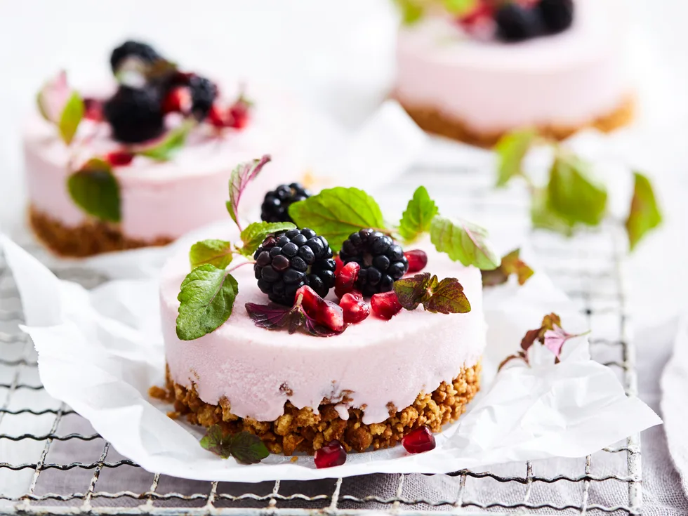 Pomegranate and frozen yoghurt cheesecakes