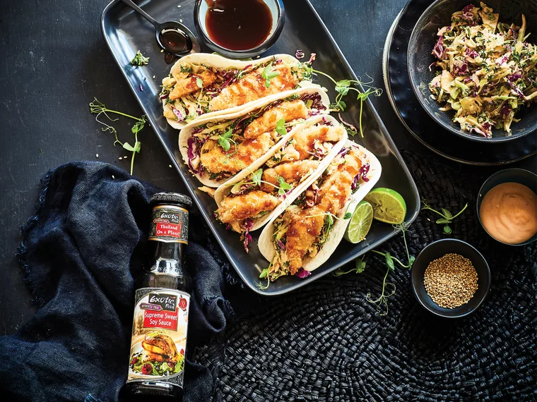 Crispy fish tacos with Asian slaw and sweet soy sauce