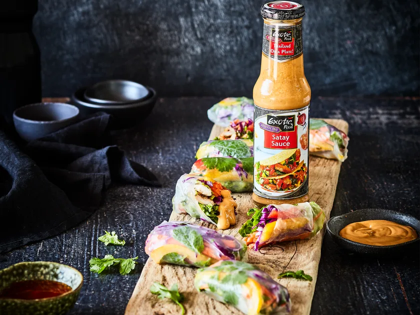 Lemongrass and satay chicken rainbow rolls