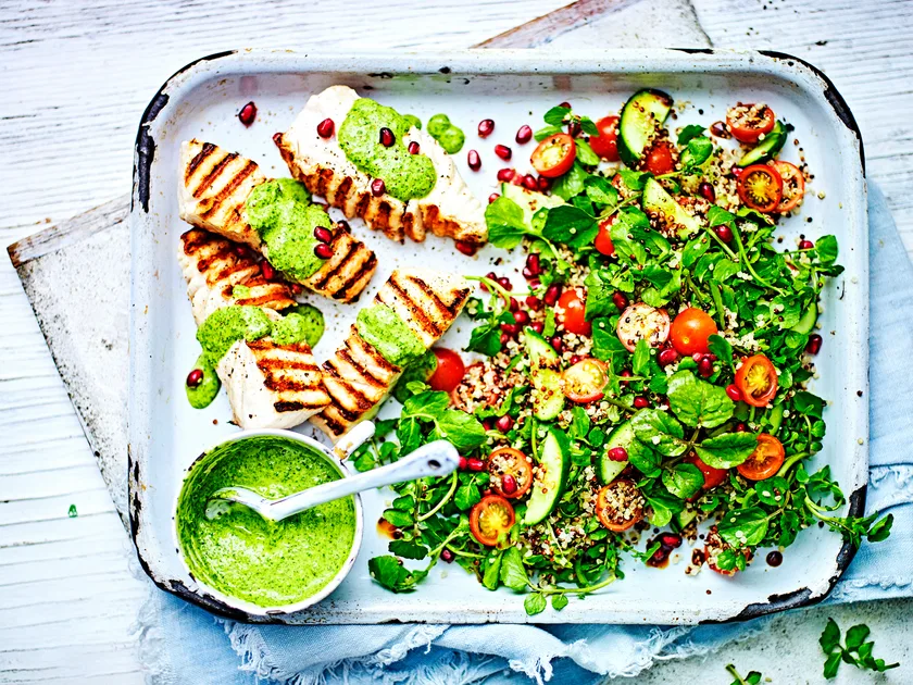 Fish and quinoa salad with green hummus