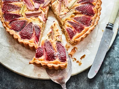 Strawberry, rhubarb and almond tart