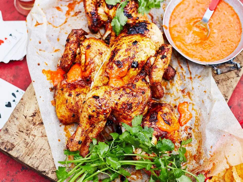 Butterflied barbecue paprika chicken with chilli sauce
