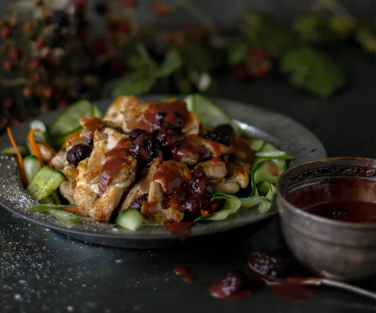 Crispy chicken thighs with blackberry vinaigrette