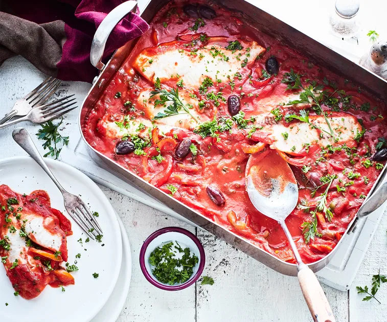 Tray-baked fish with sweet peppers