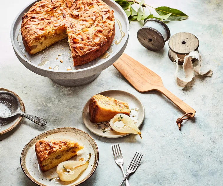 Pear and toasted coconut cake with poached pears