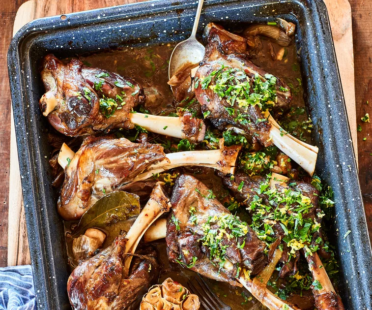 Sticky lamb shanks with Parmesan mash