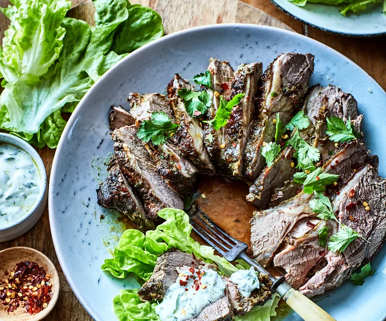 Slow-cooked butterfly lamb leg