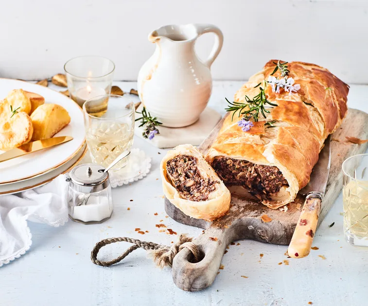 Vegetarian Wellington with mushroom and pecan stuffing