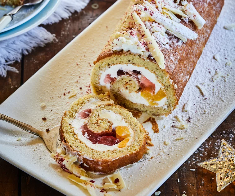 Peach trifle roll with raspberry jelly filling