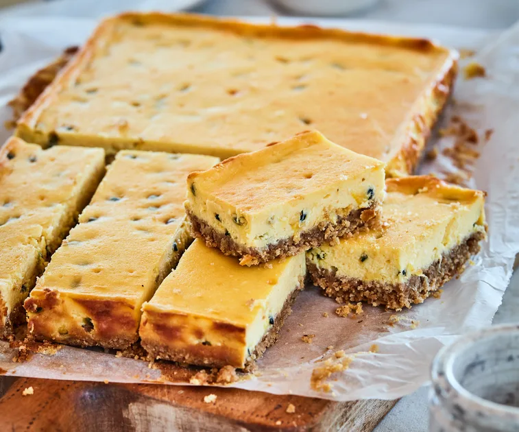 Passionfruit cheesecake slice with a gingernut and oat base