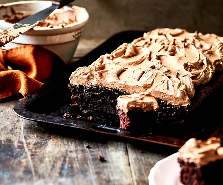 Fudgy dark chocolate sheet cake with mousse frosting