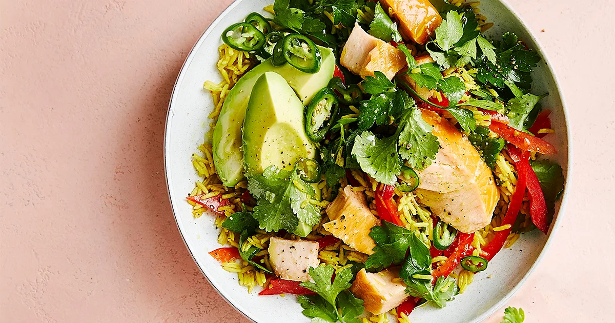 Hot-smoked salmon and spiced rice