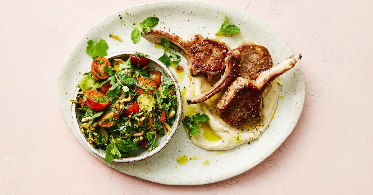 BBQ lamb cutlets with hummus and a mint &amp; almond tabbouleh