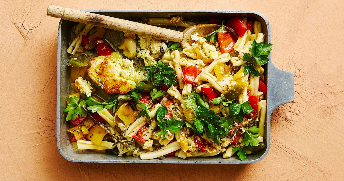 Baked feta & a trio of capsicum pasta