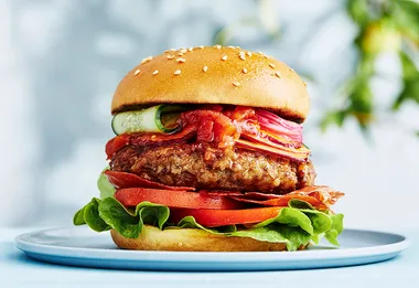 NZ Pork burger with peach & red onion pickles