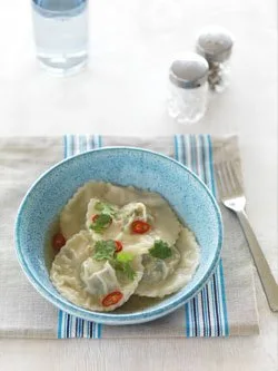 Prawn ravioli with lemongrass and ginger broth