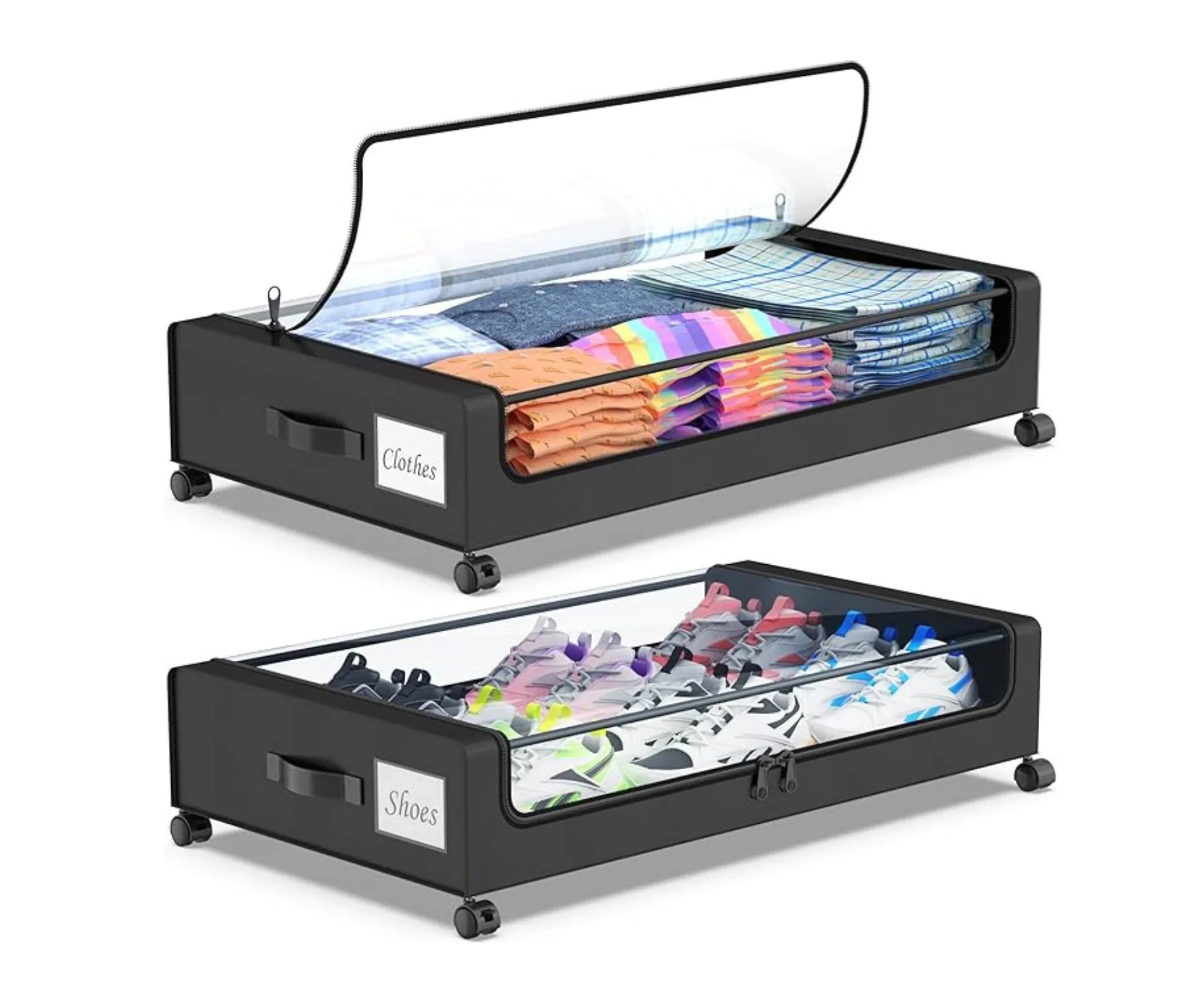 Beborxue Under Bed Storage with Wheels, 2-Pack Under Bed Storage Containers with Clear Lids, XXL 60L Under Bed Shoe Storage Organizer, Rolling Underbed Storage for Clothes, Shoes, Blankets (Black)