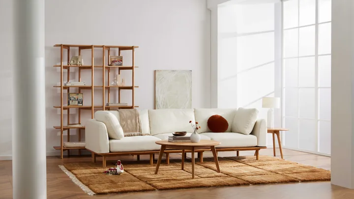 loungeroom with white couch and wooden detailing