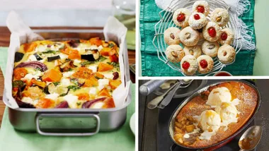 best bhg recipes with pumpkin bake on the left, biscotti in top right corner and caramel self saucing pudding in the bottom right