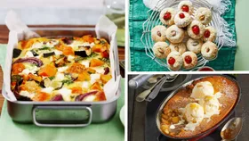 best bhg recipes with pumpkin bake on the left, biscotti in top right corner and caramel self saucing pudding in the bottom right