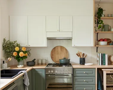 Small green, l-shaped kitchen