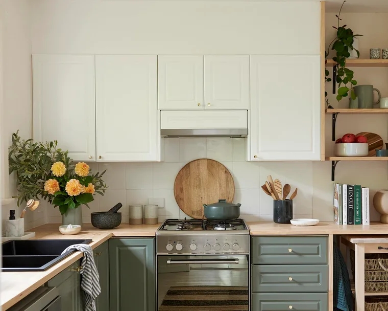 Small green, l-shaped kitchen