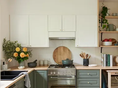 Small green, l-shaped kitchen