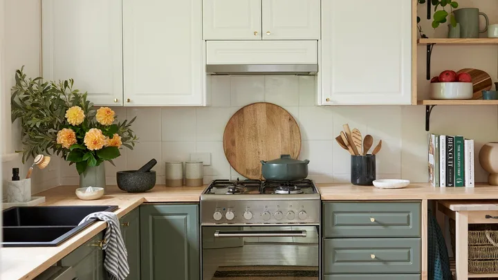 Small green, l-shaped kitchen