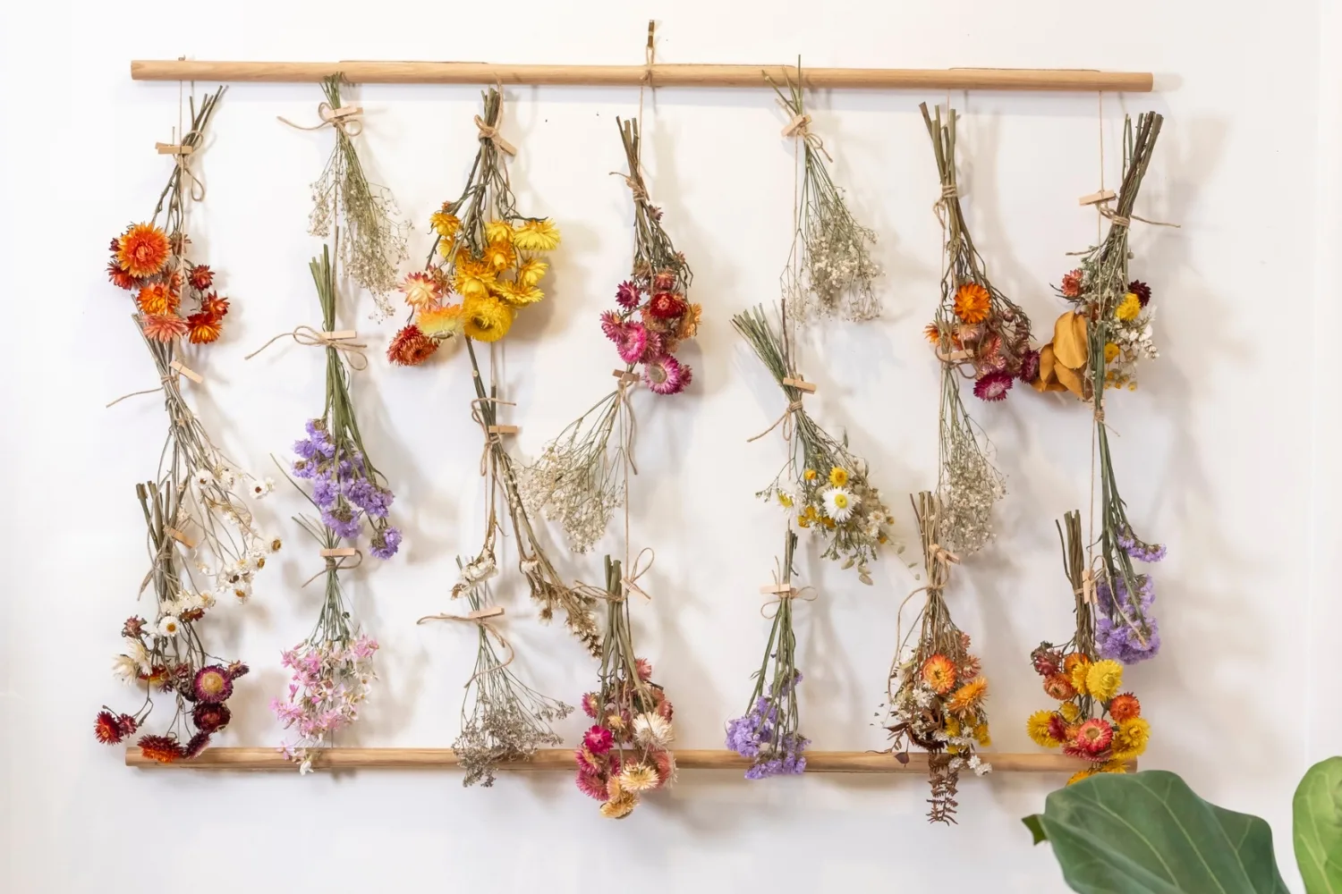 wall hanging of lots of dried flower bouquets made up of paper daisies