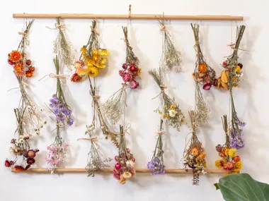 wall hanging of lots of dried flower bouquets made up of paper daisies