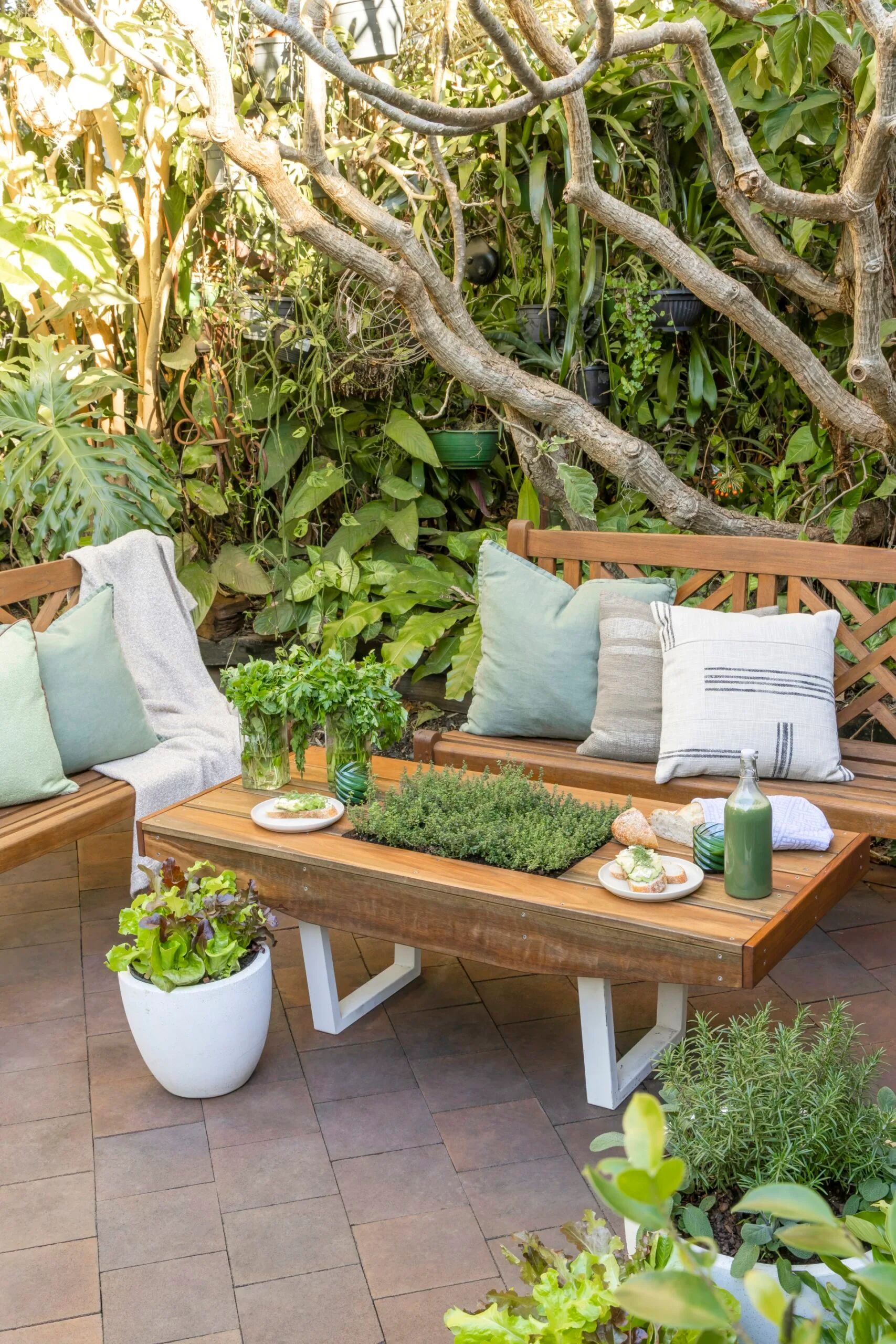 outdoor table with herb garden placed in the middle
