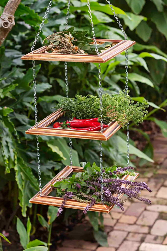 3-tier herb drying rack made from picture frames and wire mesh. How to dry herbs: air drying method.