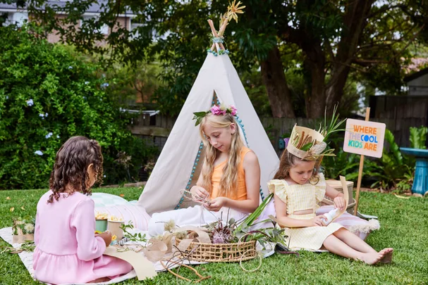 flower crowns tee pee picnic with three kids