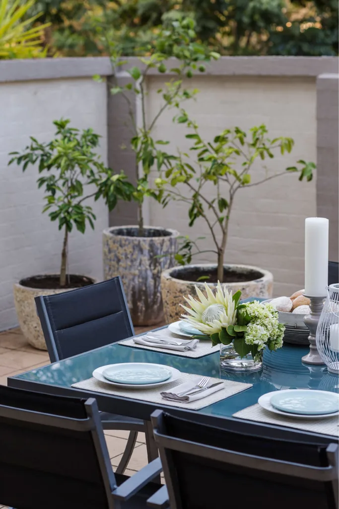 courtyard brick wall with plants and table